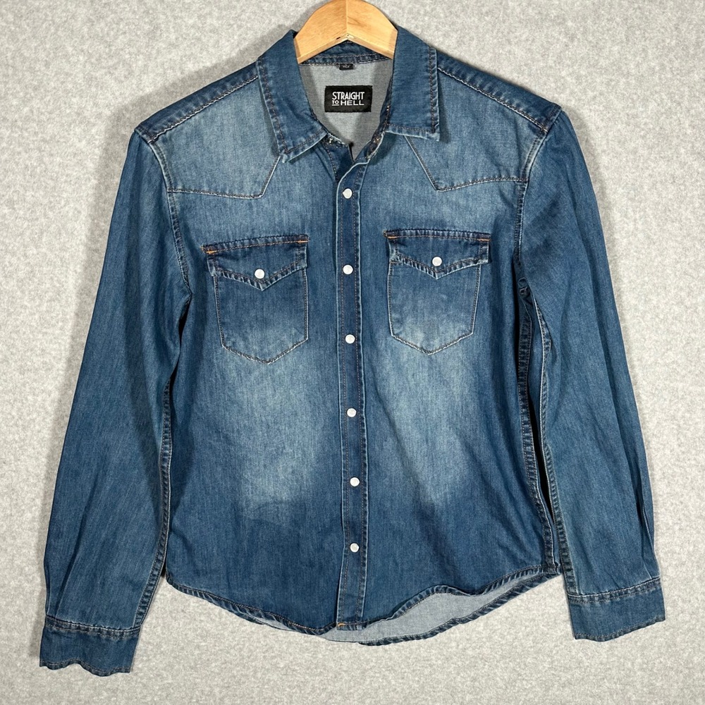 Straight To Hell Open Road Blue Denim Western Snap Shirt Mens Small Pearl Snap